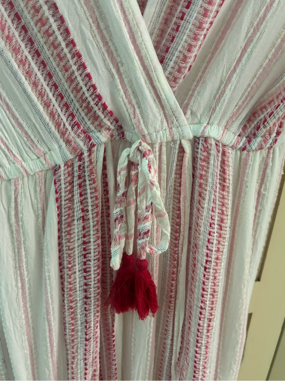 Blue Island Lightweight Pink Stripe V-Neck Maxi Dress with Tassel Tie - Picture 3 of 8